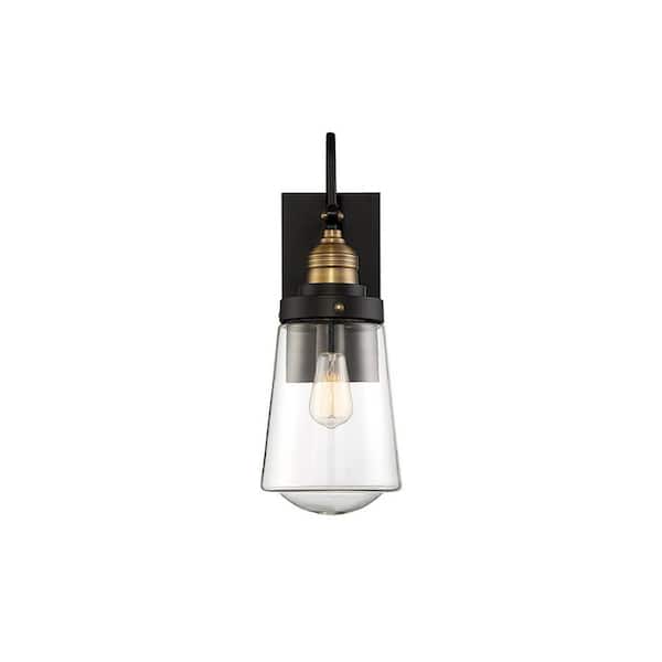 Macauley 5 in. W x 13.5 in. H 1-Light Black/Warm Brass Hardwired Outdoor Wall Lantern Sconce with Clear Glass Shade