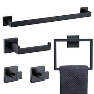 5-Piece Bath Hardware Set with Towel Bar, Two Hooks, and Toilet Paper Holder, made of Stainless Steel in Matte Black