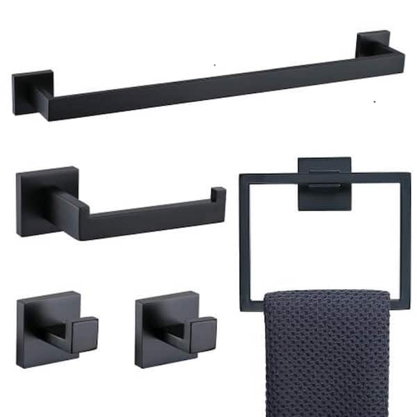 Adrinfly 5-Piece Bath Hardware Set with Towel Bar, Two Hooks, and Toilet Paper Holder, made of Stainless Steel in Matte Black