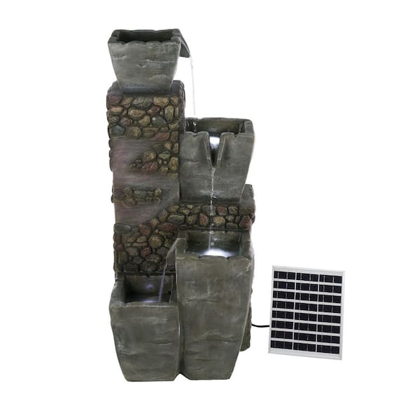Alpine Corporation 43 in. Tall Outdoor Solar 4-Tiered Vase Cascading Fountain with LED Lights, Gray