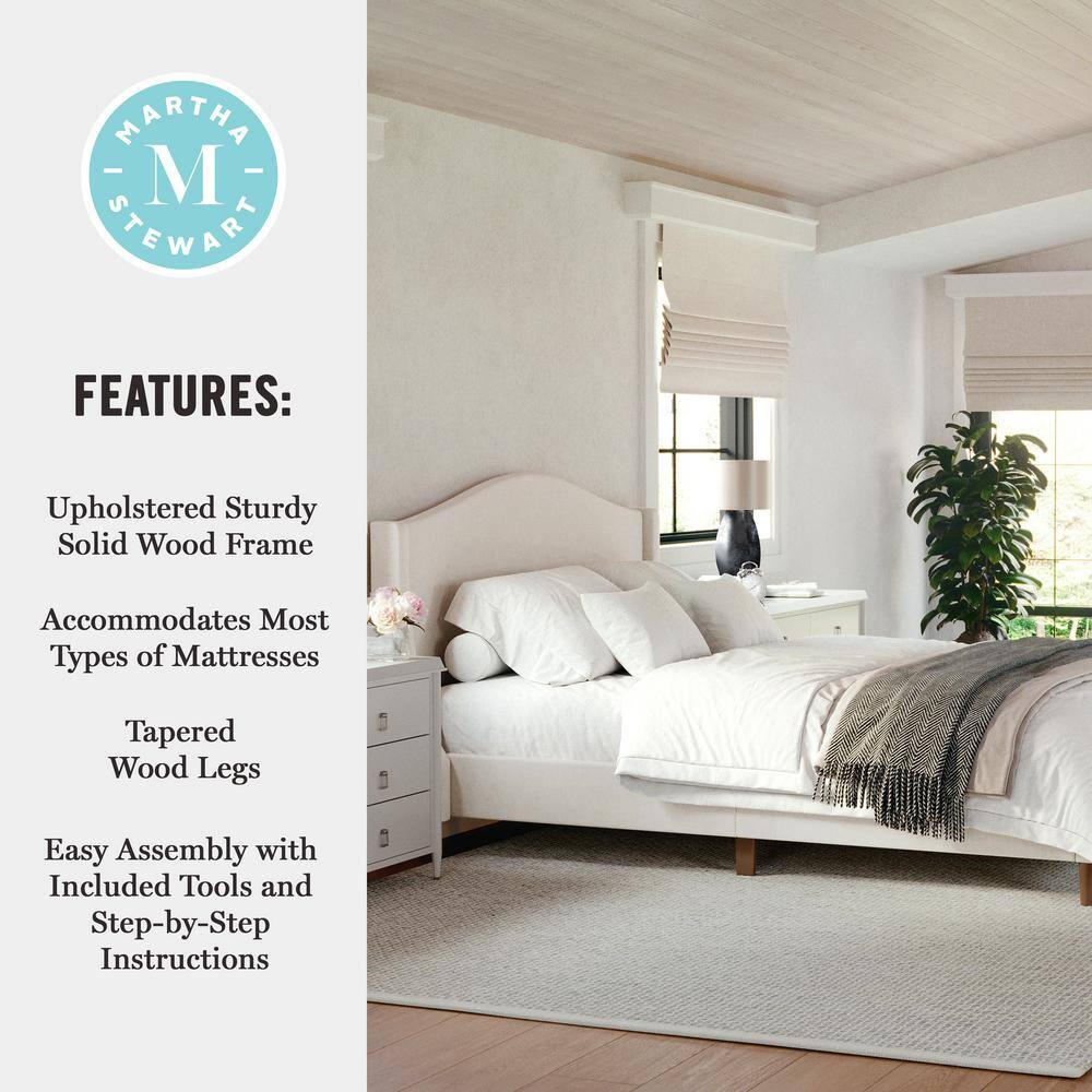 Amelia Queen Beige Linen Upholstered Platform Bed with Walnut Legs