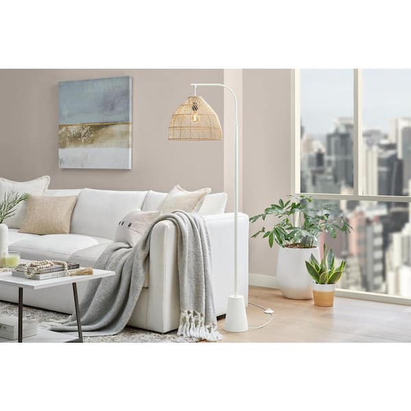 Hampton Bay Ambrose 65 in. White 1-Light Arc Floor Lamp with Nature Rattan Shade