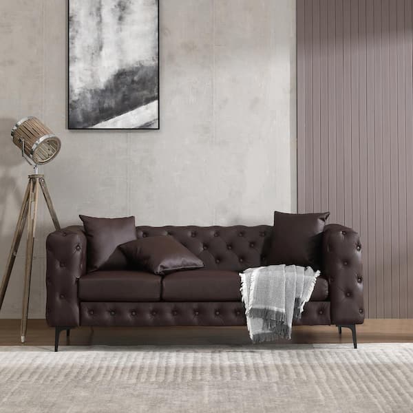 Modern Glam Chocolate Brown Track Arm Faux Leather Sofa Couch with Tufted Button for Living Room Apartment
