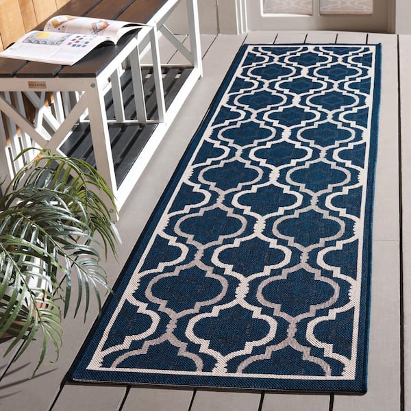 Courtyard Navy/Beige 2 ft. x 8 ft. Floral Trellis Indoor/Outdoor Runner Rug