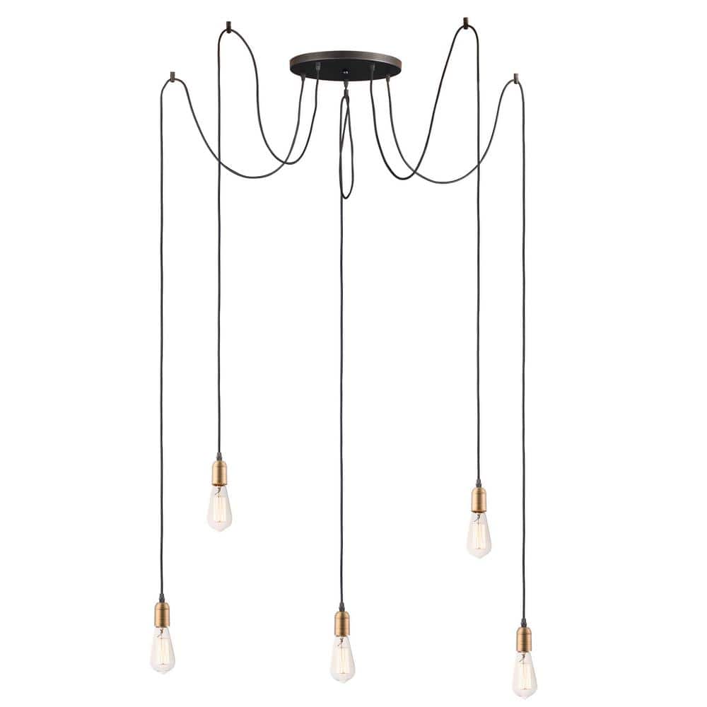 Black and Antique Brass 5-Light Pendant with Adjustable Height