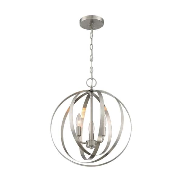 SATCO Pendleton 60-Watt 3-Light Brushed Nickel Round Pendant Light and No Bulbs Included