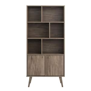 Milo 62.25 in. Tall Drifted Gray 6 Shelf Engineered Wood Mid-Century Modern Off-Set Bookcase w/ Brushed Brass Knobs