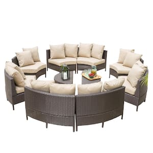 Newton Dark Brown 10-Piece Faux Rattan Outdoor Patio Sectional Set with Taupe Cushions