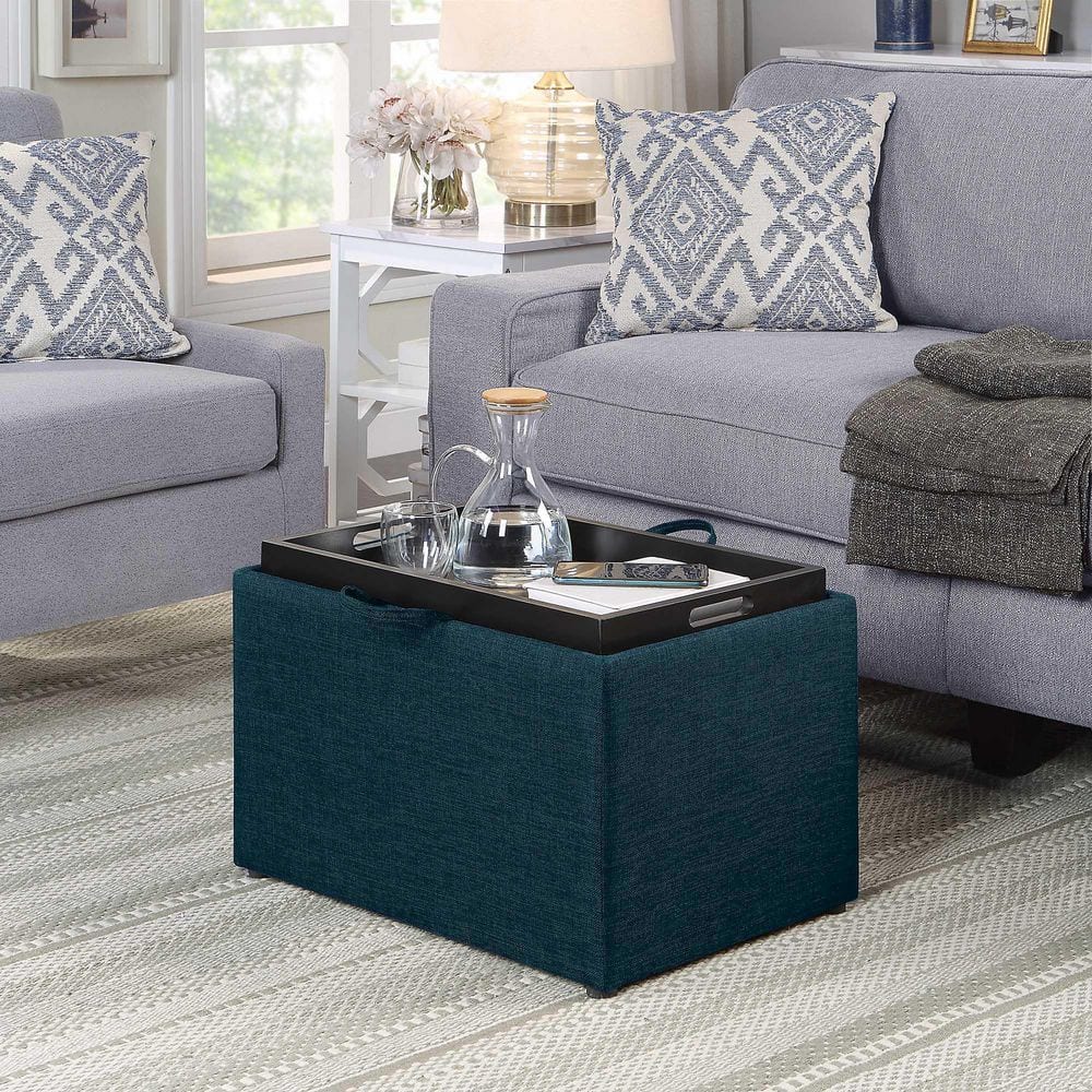 Dark Blue Fabric Storage Ottoman with Reversible Tray