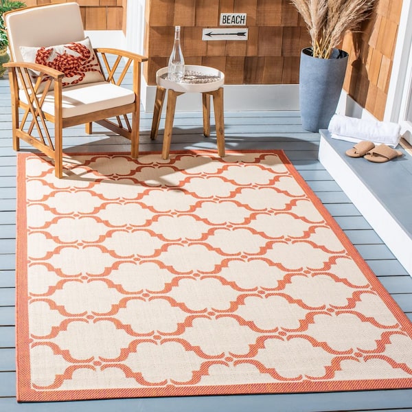 Courtyard Beige/Terracotta 4 ft. x 6 ft. Border Indoor/Outdoor Patio  Area Rug