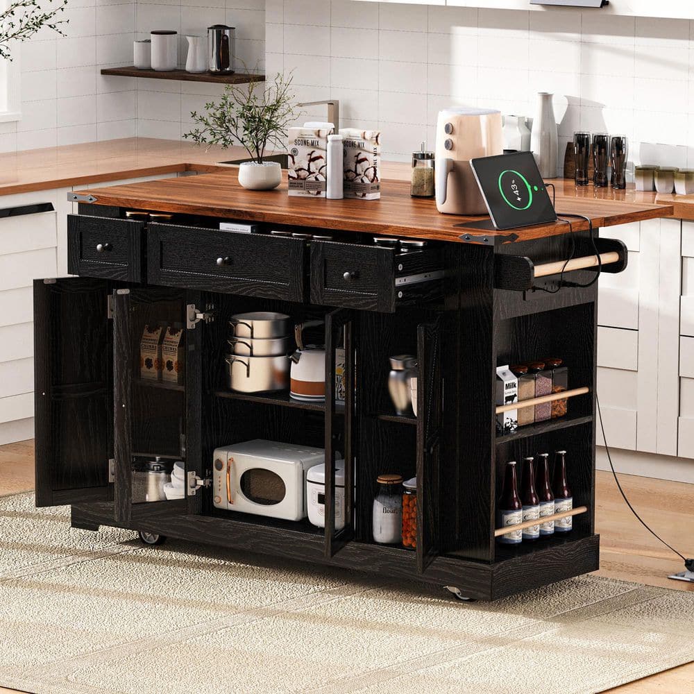 Farmhouse Large Black MDF Wood 53 in. W Kitchen Island on Wheels with Drop 