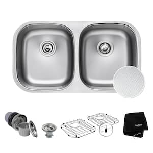Outlast MicroShield 32 in. Undermount Double Bowl 16 Gauge Stainless Steel Kitchen Sink with Accessories