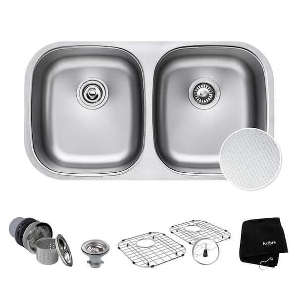 KRAUS Outlast MicroShield 32 in. Undermount Double Bowl 16 Gauge Stainless Steel Kitchen Sink with Accessories