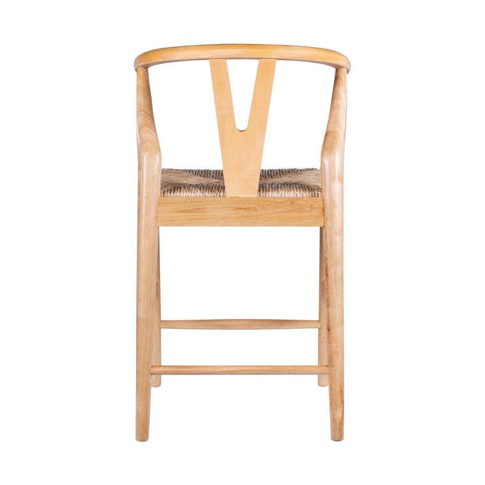 Natural Finish Rubberwood Wishbone Bar Stool with Woven Rush Seat