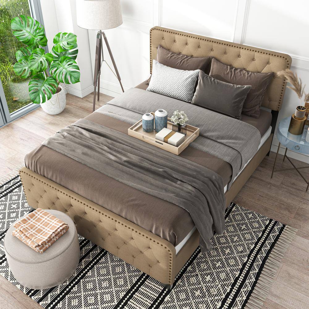 Regal King Brown Upholstered Platform Bed with Nailhead Trim