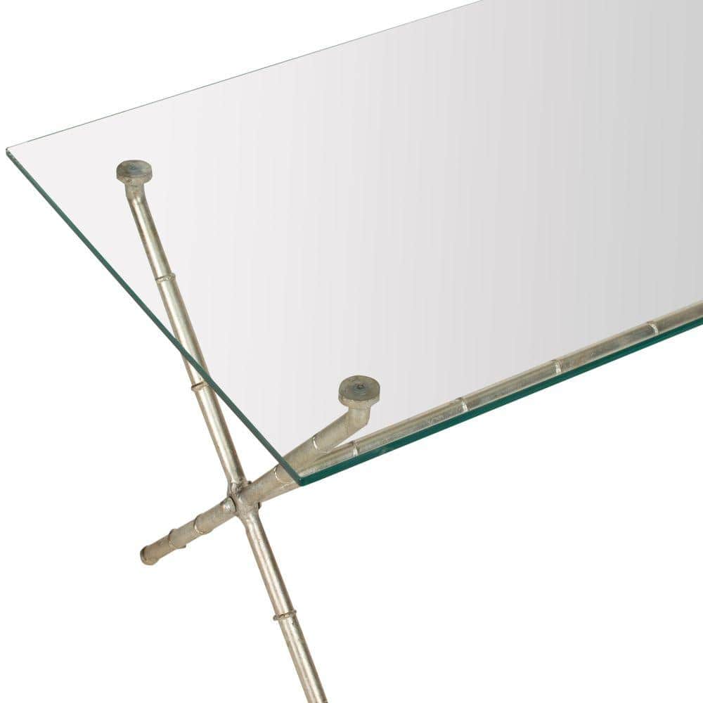 Modern Silver X-Base Rectangular Glass Accent Table