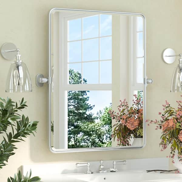 24 in. W x 30 in. H Rectangular Framed Bathroom Vanity Mirror, Tilt, Satin Nickel, Pivot Aluminum Wall Mount