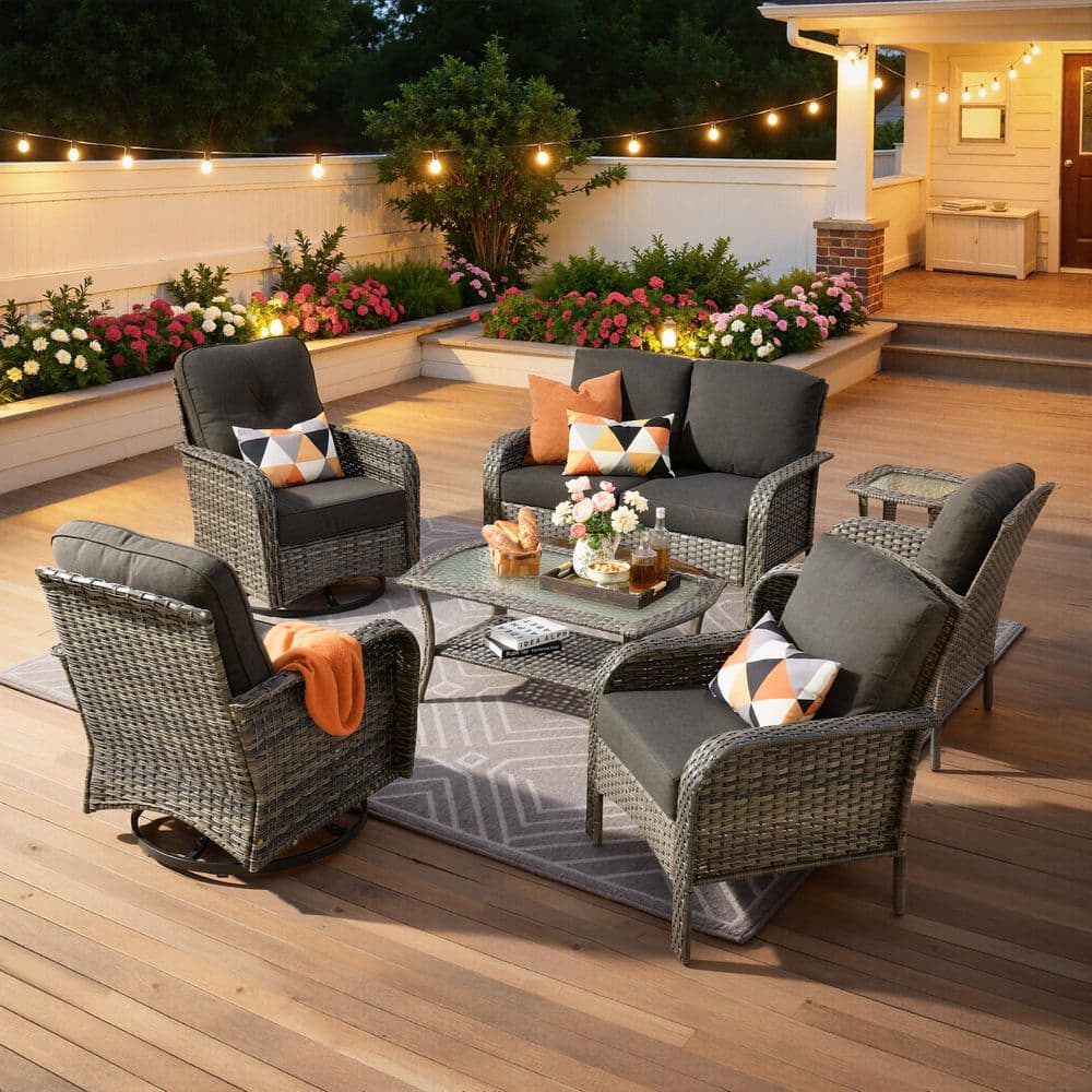 Ruby Gray 7-Piece All-Weather Wicker Outdoor Patio Conversation Sofa Set with Swivel Chairs and Black Cushions price history on PriceWatchPro