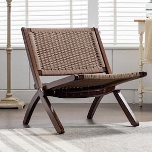 22.8 in. Wide Khaki Mid-Century Folding Solid Wood Accent Chair with Brown Legs