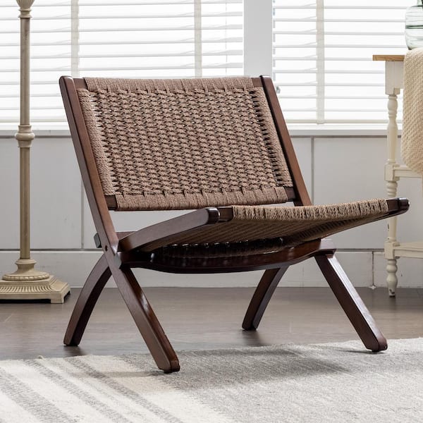 LUE BONA 22.8 in. Wide Khaki Mid-Century Folding Solid Wood Accent Chair with Brown Legs