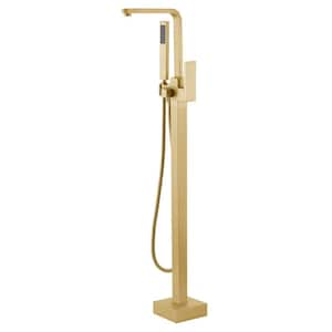 Single-Handle Freestanding Tub Faucet with Hand Shower Floor Mount in Brushed Brass