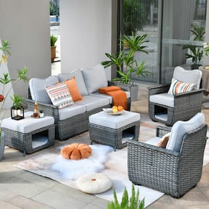 Echo Black 5-Piece Wicker Multi-Function Pet Friendly Outdoor Patio Conversation Sofa Set with Light Grey Cushions