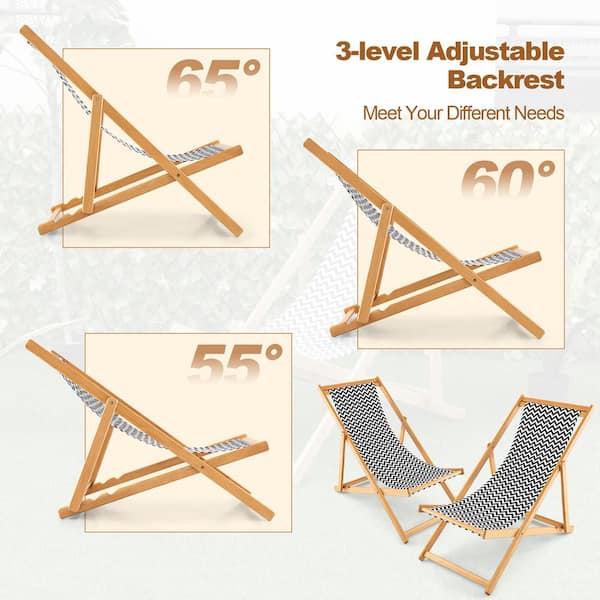 Natural Folding Bamboo Sling Outdoor Lounge Chair in Black and White Reclining Canvas Portable