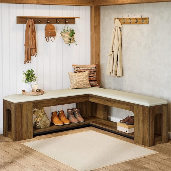 47.2 in. Rustic Brown L Shaped Entryway Bench with Removable Upholstered Cushion