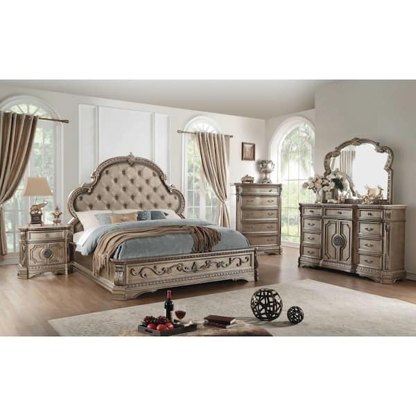 HomeRoots 90 in. x 68 in. x 72 in. Queen Antique Champagne PU Bed