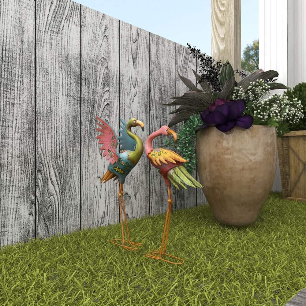 28" Multicolor Hand-Painted Metal Flamingo Garden Sculptures, Set of 2