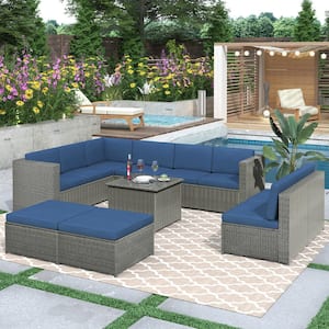 Outdoor Grey 9-Piece Wicker Outdoor Patio Conversation Seating Set with Blue Cushions
