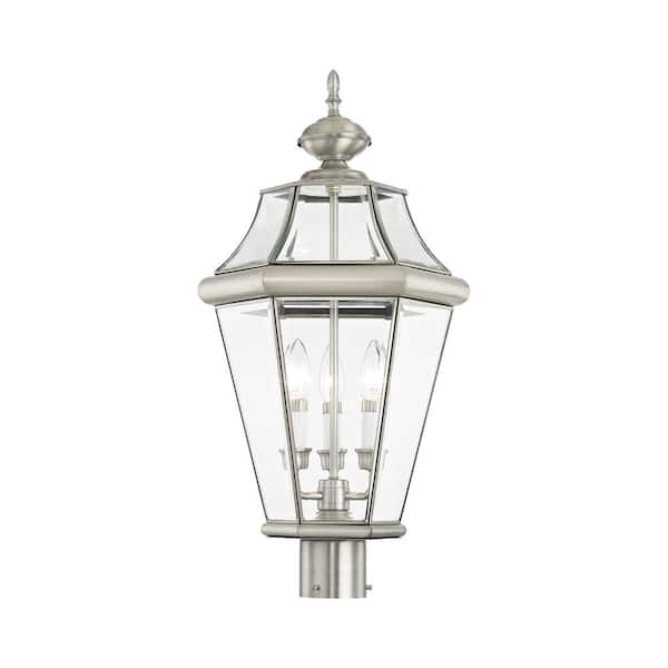 AVIANCE LIGHTING Cresthill 25 in. 3-Light Brushed Nickel Cast Brass Hardwired Outdoor Rust Resistant Post Light with No Bulbs Included