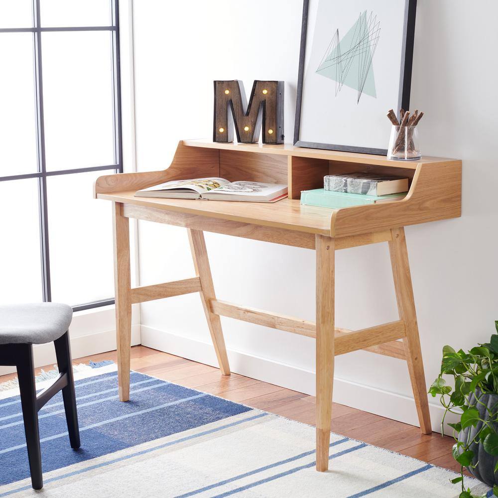 Natural Finish Mid-Century Writing Desk with Built-In Shelves