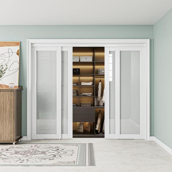 96 in. x 80 in. 1-Lite Tempered Frosted Glass White Finished Solid Core Interior Closet Sliding Door with Hardware