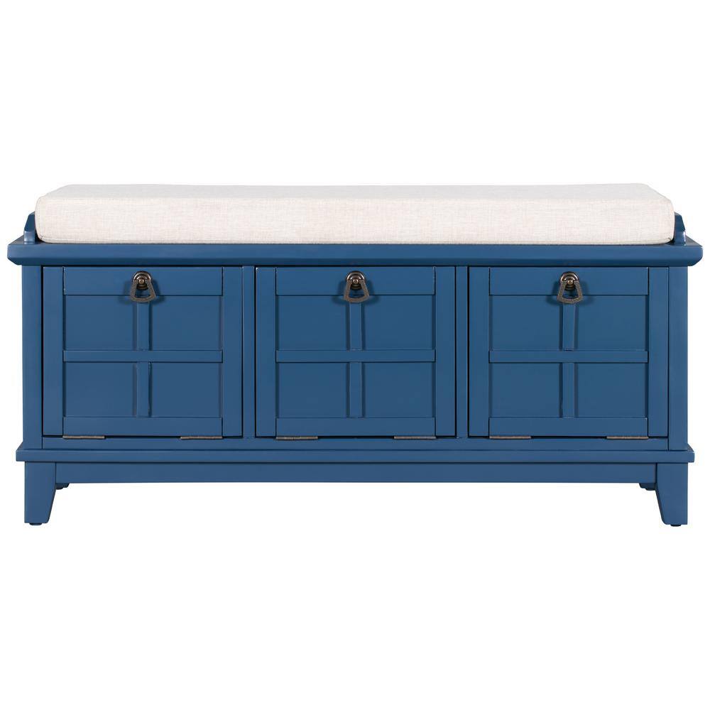 Navy Blue Upholstered Storage Bench with 3 Drop Down Doors for Entryway Hallway (20.9 in. H x 42