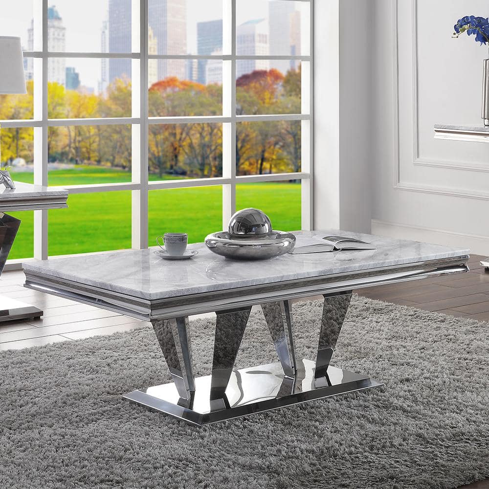 Elegant 54'' Light Grey Marble & Mirrored Silver Coffee Table