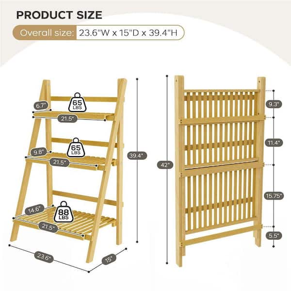 3-Tier Natural Wood Foldable Ladder Shelf Flower Pot Plant Stand