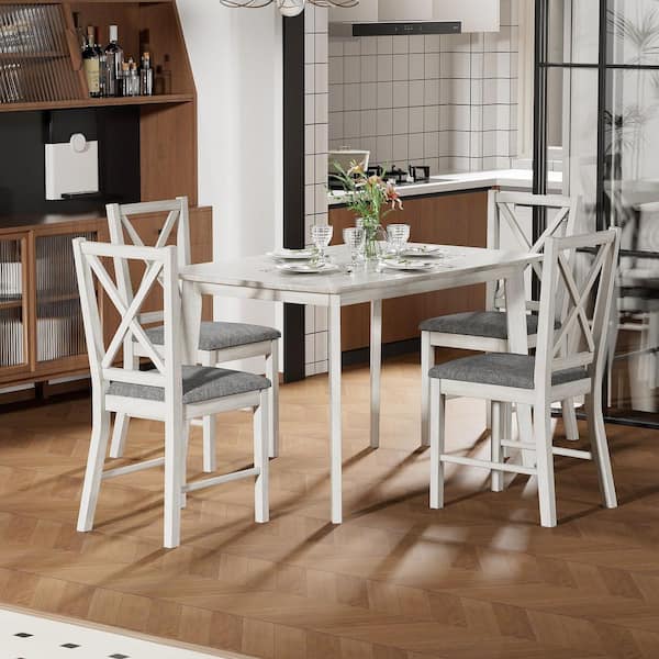 Farmhouse Dining Table Set, 5-Piece Wood Kitchen Table with X-Back Chairs and Padded Seats, Gray Dining (Set for 4)