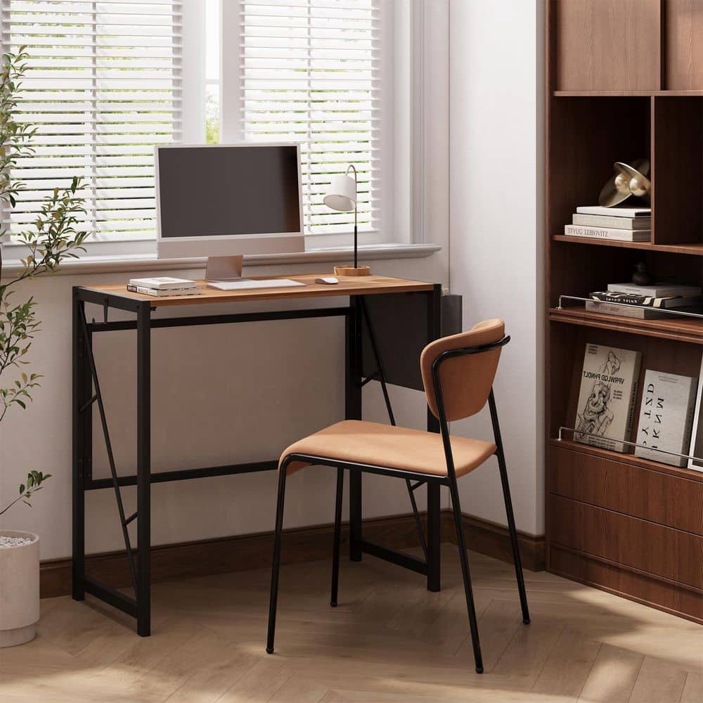 Foldable 31.5 in. Rectangular Rustic Brown Particleboard and Metal Computer Desk with Storage Bag and Hook
