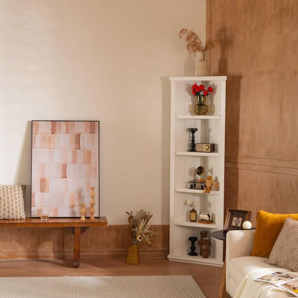 2 Retro 75.25 in. Tall White Wood 5-Shelf Standard Bookcases, Triangle Sided Bookshelves (Set of 2)