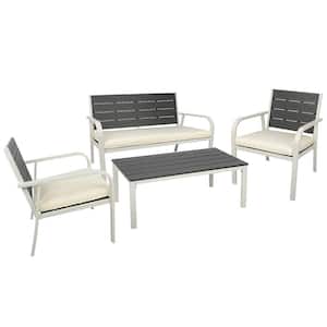 4-Piece Steel Patio Conversation Set PE Wood Grain Design Furniture Set with Coffee Table for Outdoor, White Cushions