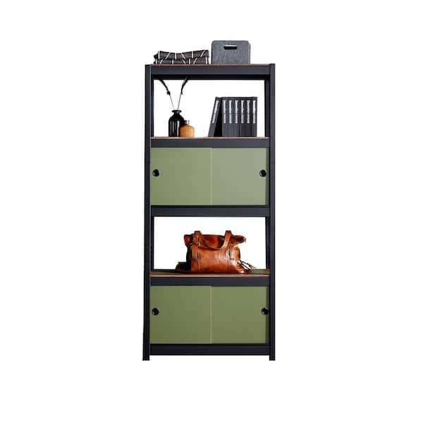 Best Home Fashion Kepsuul 32 in. W x 16 in. D x 77 in. H Black 4-Shelf + 2 Dark Green Door Customizable Modular Wood Shelving and Storage