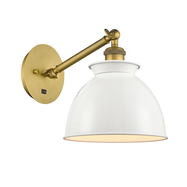 Adirondack 1-Light Brushed Brass, Glossy White Wall Sconce with White Metal Shade