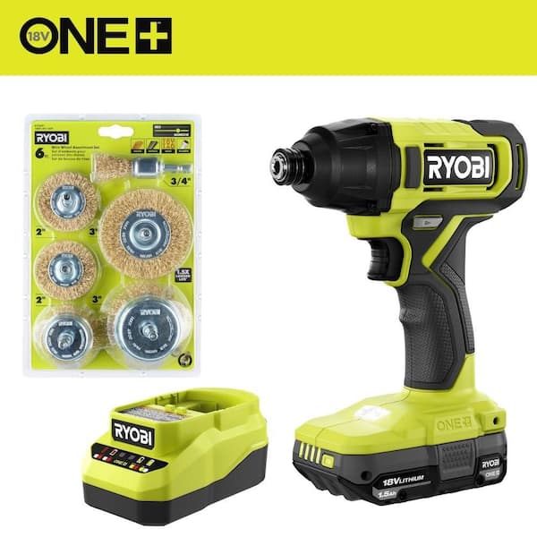 ONE+ 18V Cordless 1/4 in. Impact Driver Kit with 1.5 Ah Battery, Charger, and Wire Wheel Assortment Set (6-Piece)