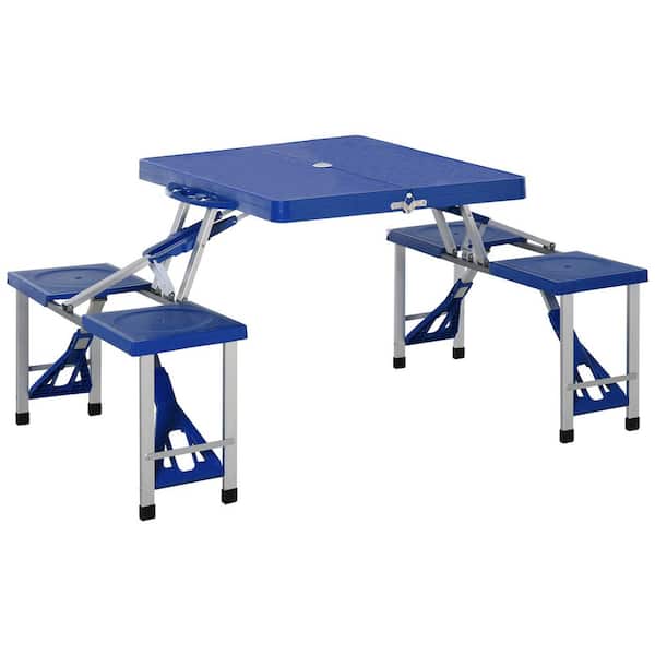 Misopily 33.30 in. Blue Rectangular Aluminum Foldable Picnic Table, Carrying Case with Handle Seats 4 People with Umbrella Hole