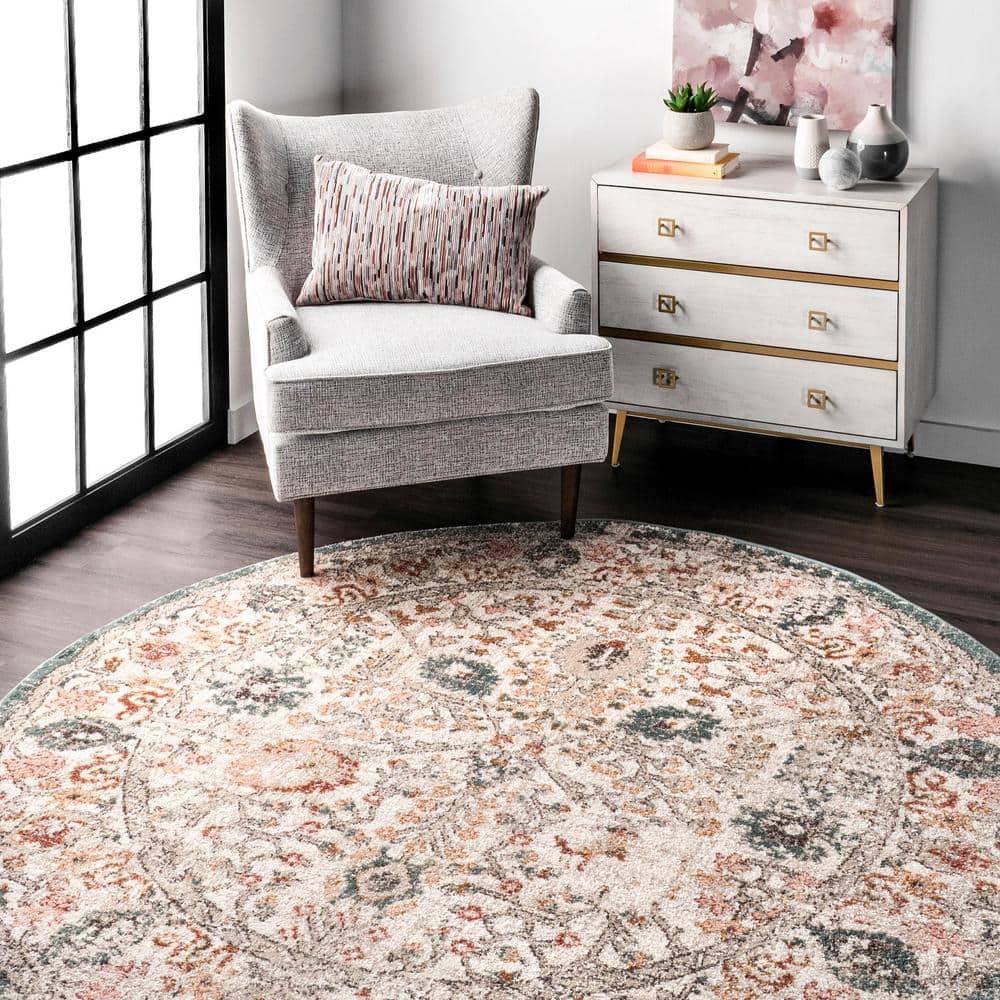 Beige Floral Synthetic Round Reversible Area Rug 6' 7"