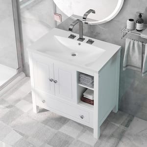 30 in. W x 18 in D. x 32.10 in. H Freestanding Bathroom Vanity in White with Drawers and Elegant Ceramic Sink Top