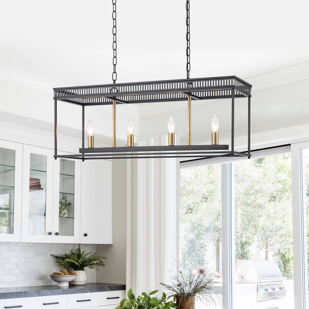 30 in. 4-Light Matte Black Metal Industrial Rectangular Chandelier Caged Kitchen Island Pendant Light price history on PriceWatchPro