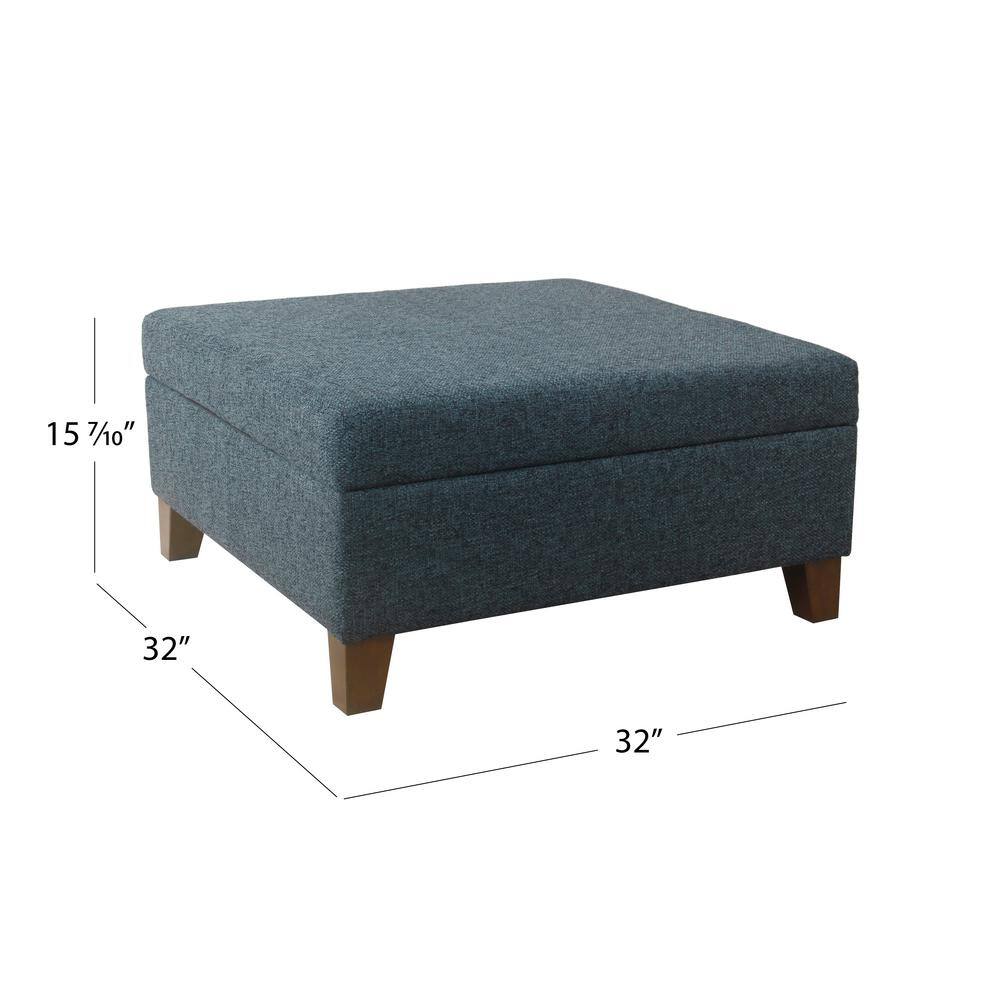 Navy Textured Fabric Square Storage Ottoman with Walnut Legs