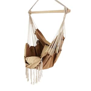 5 ft. Hanging Rope Swing Hammock Chair with Side Pocket and Wooden Spreader Bar in Khaki